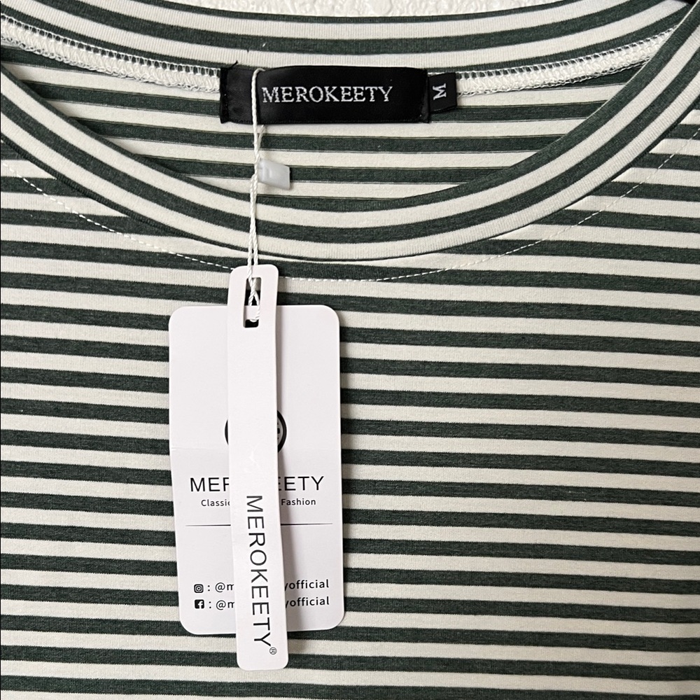 Merokeety Medium Striped Olive and Cream Dress NWT - Picture 2 of 3